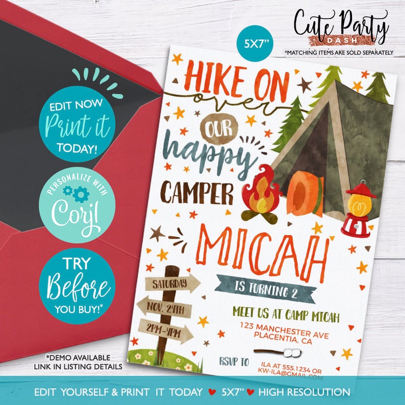 INSTANT DOWNLOAD – EDITABLE Camping Birthday invitation Camp out printable invite Camping birthday decorations Tent Camping birthday party