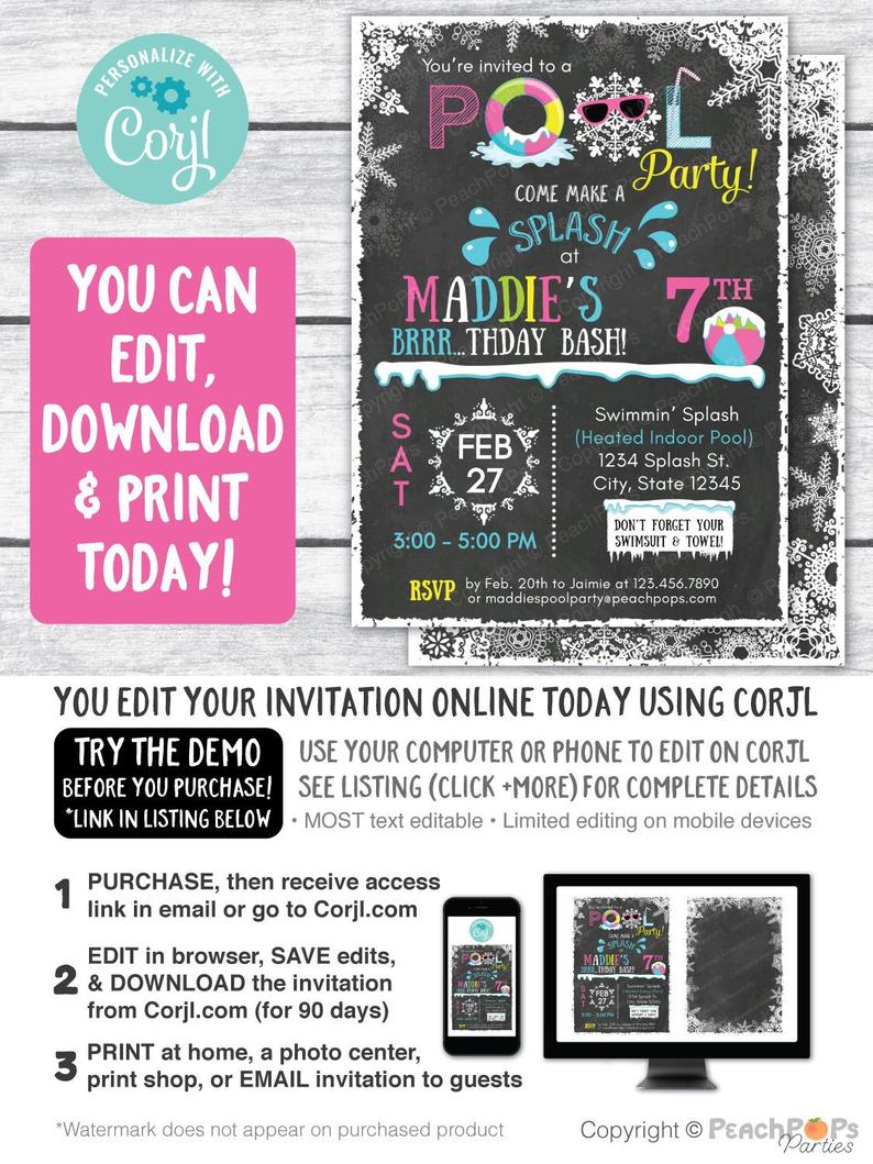 Winter Pool Birthday Party Chalkboard Pink Invitation Snow Pool ANY Age DIGITAL Printable Invite 5” x 7” – Self Editable – Edit NOW!