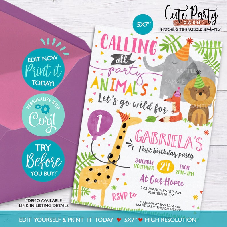 INSTANT DOWNLOAD – EDITABLE Party Animal Invitation Girl Calling All Party Animals Zoo Birthday Invitation Safari Invite Pa-bi corjl
