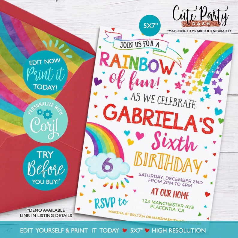 INSTANT DOWNLOAD, Editable Colorful Rainbow Birthday Party invitations, Rainbow printable corjl Rainbow party invitation watercolors RAI-1