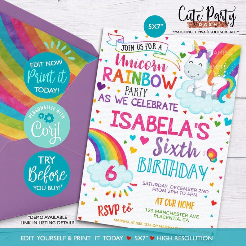 INSTANT DOWNLOAD – EDITABLE Unicorn Rainbow Birthday Party invitations Unicorn Rainbow printable invite Rainbow birthday corjl invitation