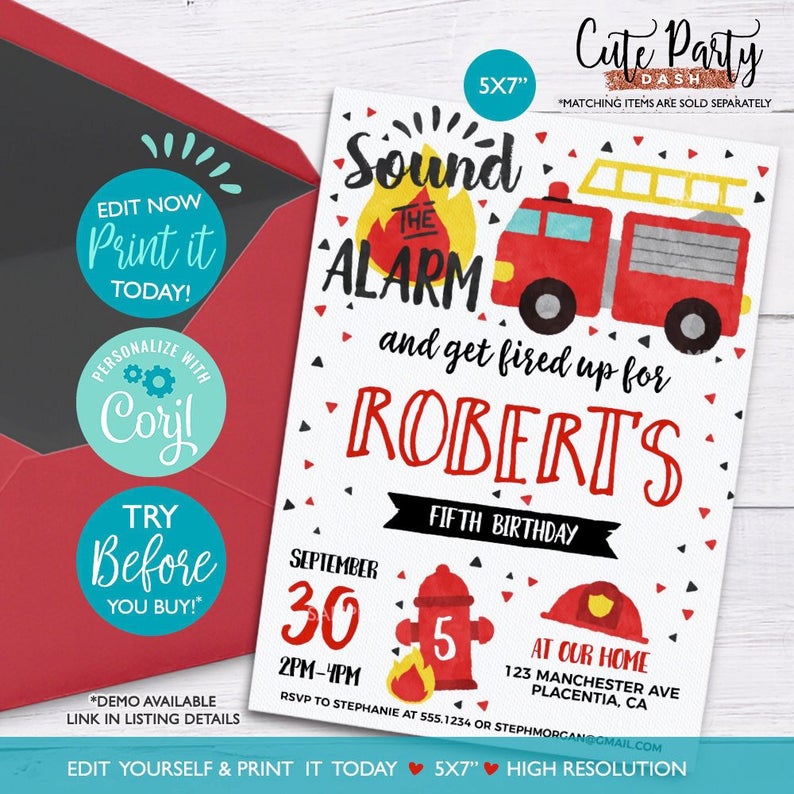 INSTANT DOWNLOAD – EDITABLE Fireman Invitation Fireman birthday invitation Firefighter birthday Firefighter corjl invitation Firetruck