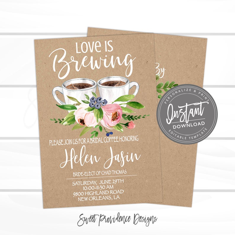 Bridal Tea Invitation, Bridal Shower Invitation, Editable Kraft Bridal Shower, Brunch, Love is brewing Invite, , Instant Access