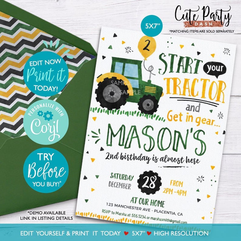 INSTANT DOWNLOAD – EDITABLE Tractor Birthday Party invitations Farmer Birthday corjl printable invitations Watercolors birthday invitations