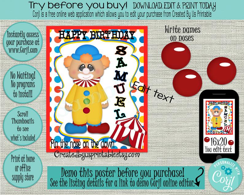 EDITABLE Pin the Nose on the clown game INSTANT DOWNLOAD Carnival party activity Circus Birthday Party Game digital download Diy 16×20 Corjl