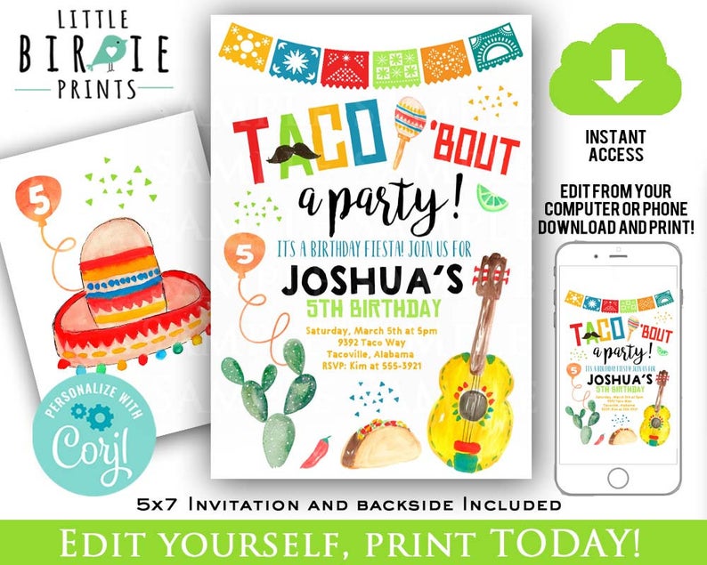Taco ’bout a party Invitation FIESTA birthday invitation printable Sombrero Cactus Birthday Invitation First birthday instant download