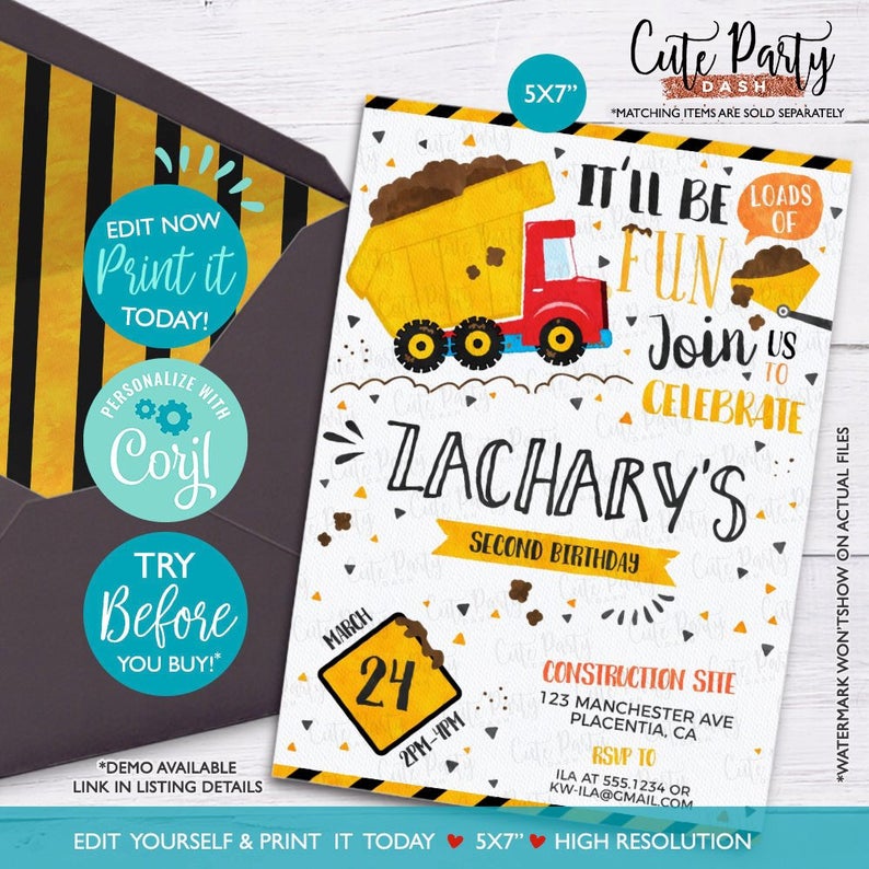 INSTANT DOWNLOAD – EDITABLE Dump Truck Birthday invitation corjl invitation Dump truck party invitation digital construction Invitation
