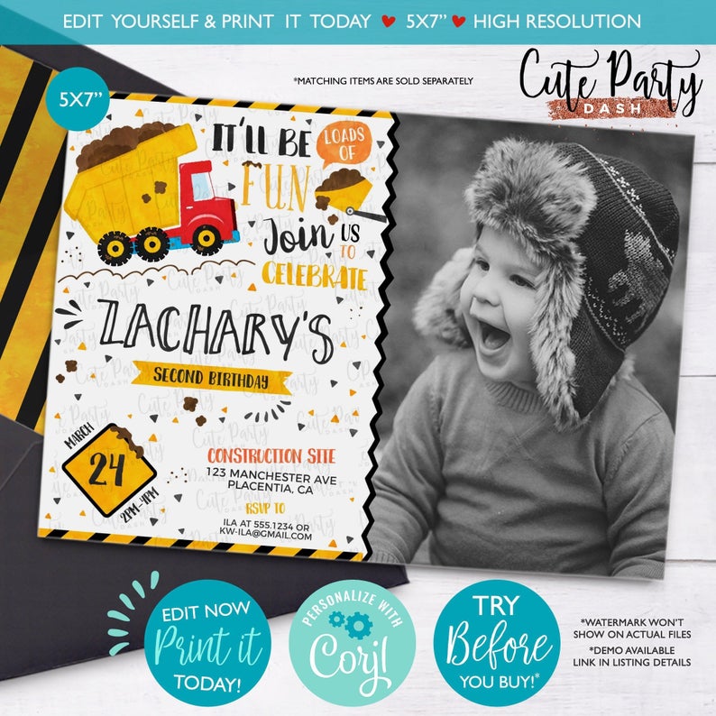 INSTANT DOWNLOAD – EDITABLE Dump Truck Birthday Photo invitation corjl invitation Dump truck party invitation digital construction invite