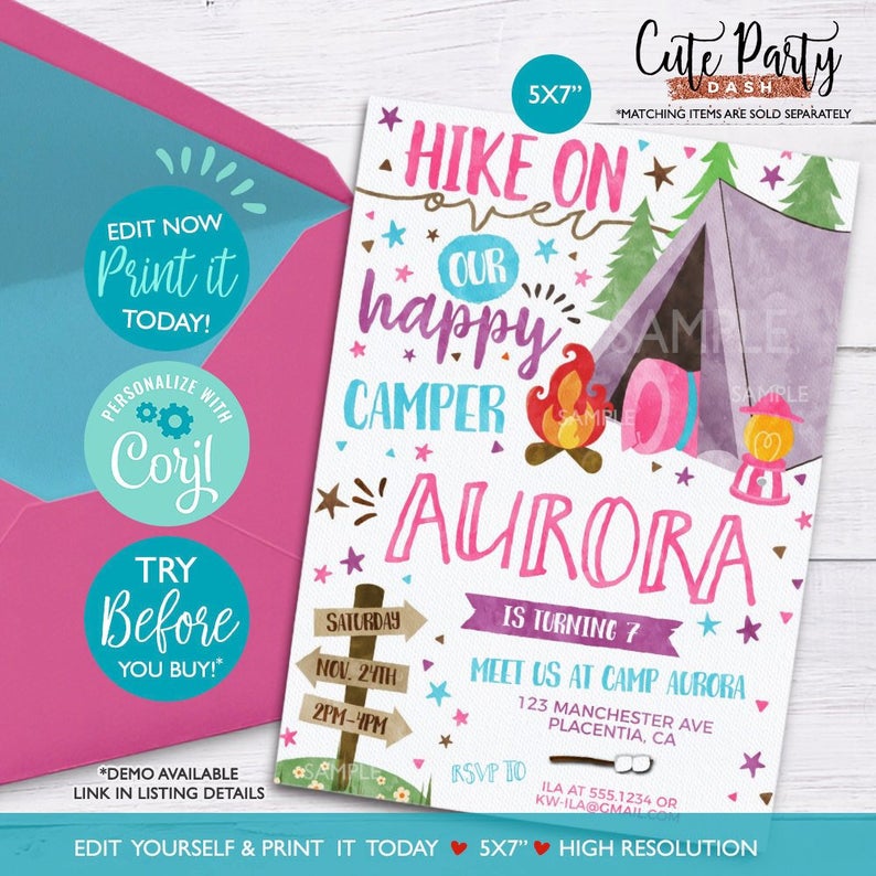 INSTANT DOWNLOAD – EDITABLE Camping Girl Birthday invitation Girls Camp out corjl invitation decorations Tent Camping birthday invitations