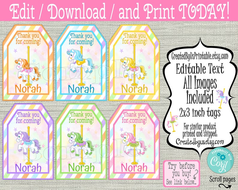 INSTANT DOWNLOAD Carousel thank you tags EDITABLE Baby Shower favor tags Carnival birthday tag first birthday Personalized Digital Diy Corjl