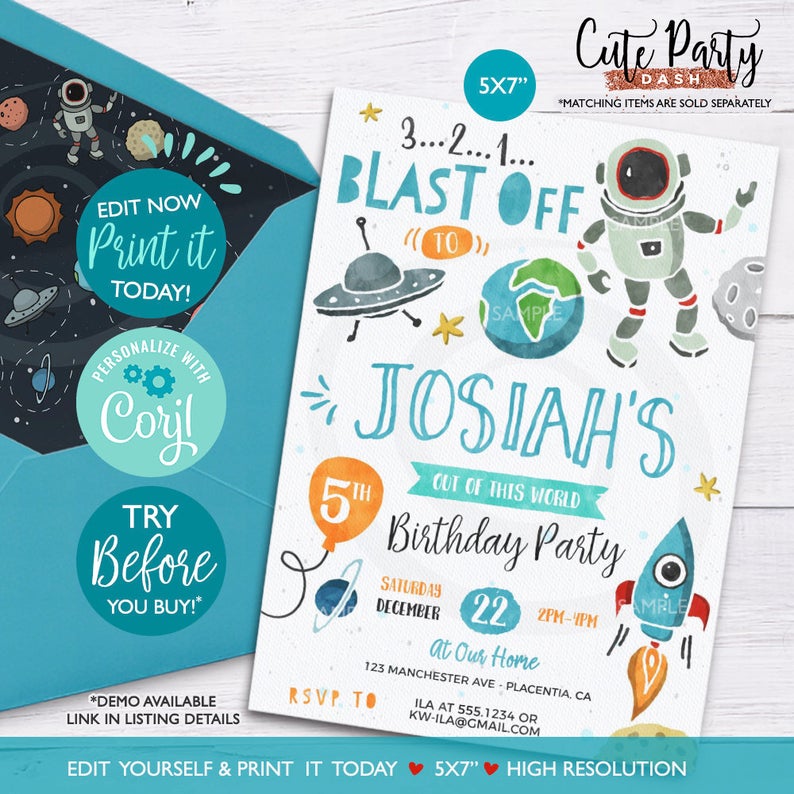 INSTANT DOWNLOAD – EDITABLE Astronaut Birthday invitation Rocket party corjl invitation outer Space invitations Rockets invitation astronaut