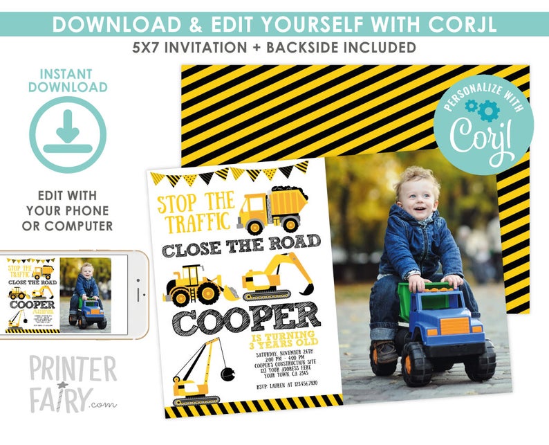 Construction Invitation with Photo, EDITABLE construction birthday Invite, Dump Truck Birthday Party, EDIT YOURSELF Digital Invitation