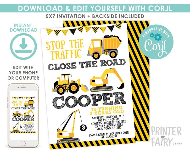 Construction Invitation, EDITABLE construction birthday invitation, Dump Truck Birthday Party, Crane, EDIT YOURSELF Digital Invitation Price:USD 8.72