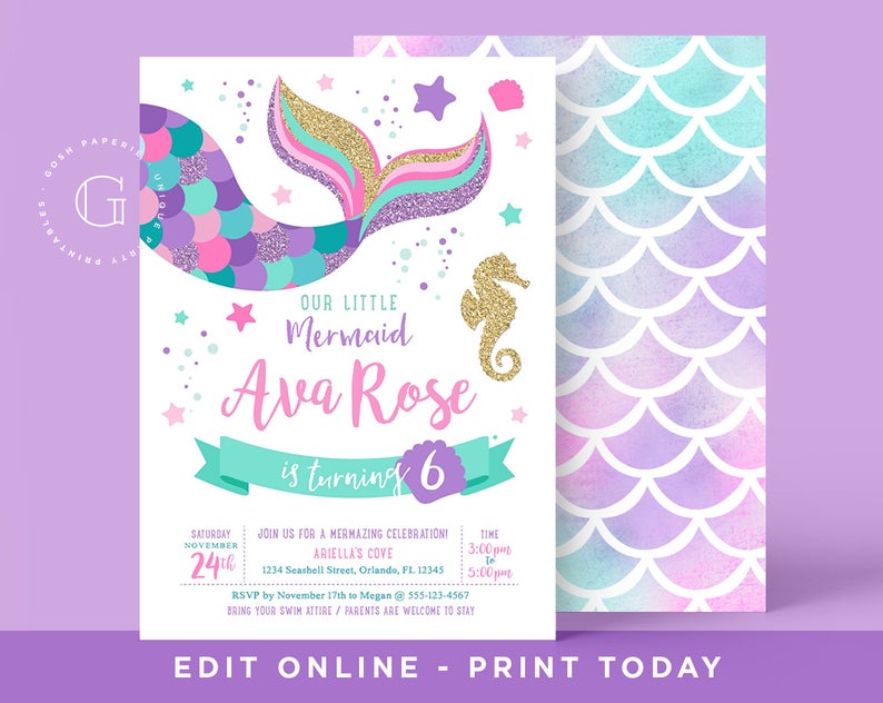 Mermaid Invitation. Mermaid Birthday Invitation. Pool Party Invitation. Mermaid Printables. Under the Sea Party. INSTANT DOWNLOAD