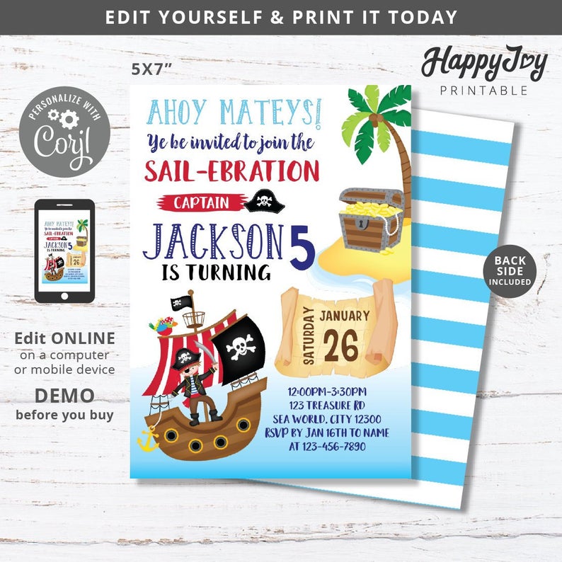 Pirate Party Invitation, Ahoy Matey Boys Captain Birthday Invite, Editable Template INSTANT Access, Self Edit with Corjl
