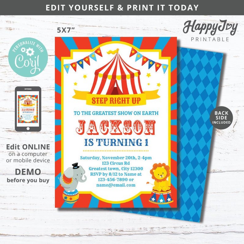 Circus Carnival Party Animal Invitation, The Big Top Boys Girls Birthday Invite, Editable Template INSTANT Access, Self Edit with Corjl