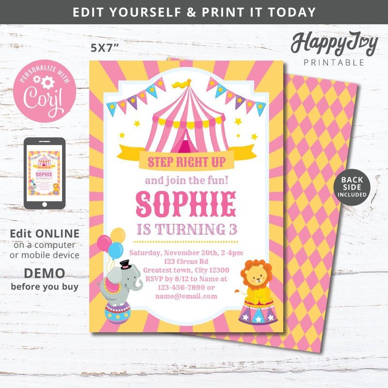 Circus Carnival Birthday Invitation, Girls Party Invite, Pink Purple Yellow, Editable Template INSTANT Download Access, Self Edit with Corjl
