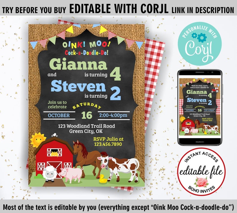 Farm / birthday / Invitation / red / plaid / Boy / Girl / twins / siblings / dual / double/ horse / duck / cow / pig / tractor /BDFarm1