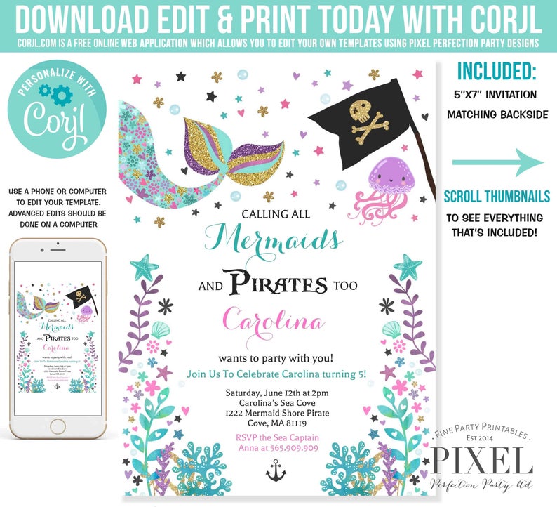 Mermaid And Pirate Invitation Mermaid & Pirate Birthday Invitation Mermaid And Pirate Party Boy Girl Party Instant Download Editable PDF 4I