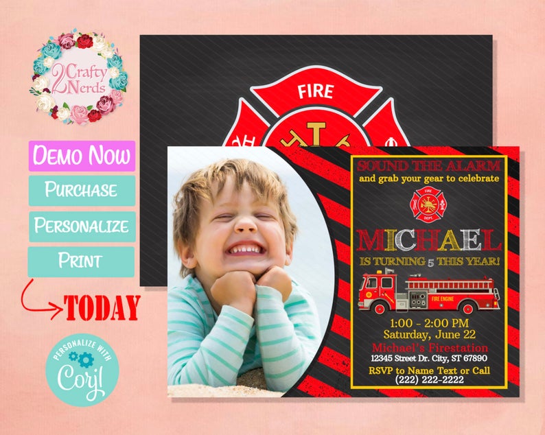 Firefighter Birthday Invitation With Photo, Fire Truck, Fireman Party | Editable Instant Download | Edit Online NOW Corjl | INSTANT ACCESS