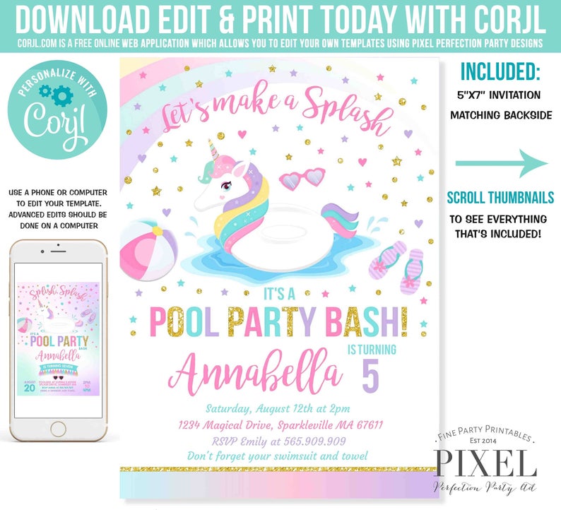 Pool Party Invitation Unicorn Pool Party Invitation Unicorn Pool Float Splish Splash Pool Party Bash Instant Download Editable Corjl 7C
