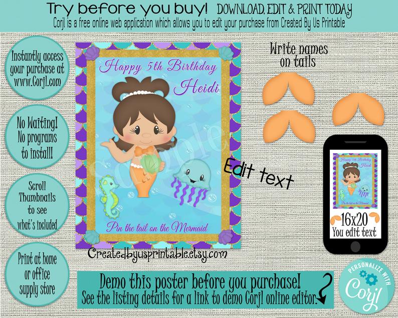 EDITABLE Pin the Tail on Mermaid game INSTANT DOWNLOAD Mermaid birthday party Under the Sea game idea Brunette hair digital Diy 16×20 Corjl