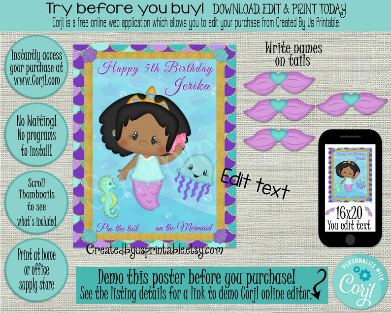 Editable Pin the Tail on Mermaid game INSTANT DOWNLOAD Mermaid birthday party Under the Sea game idea Black hair digital Diy 16×20 AA Corjl