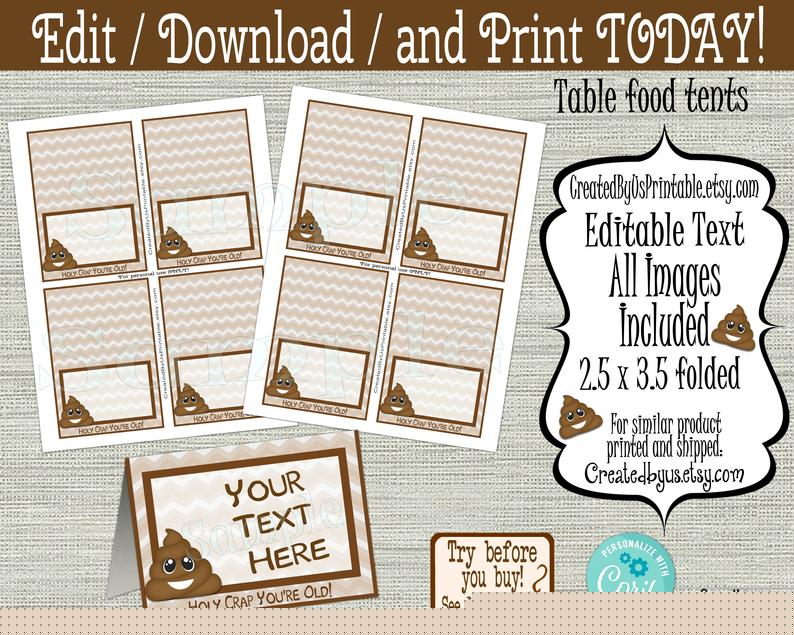 INSTANT DOWNLOAD Poop food tent cards EDITABLE Holy Crap You’re Old place card birthday Food Labels Over the HIll Digital Download Diy Corjl