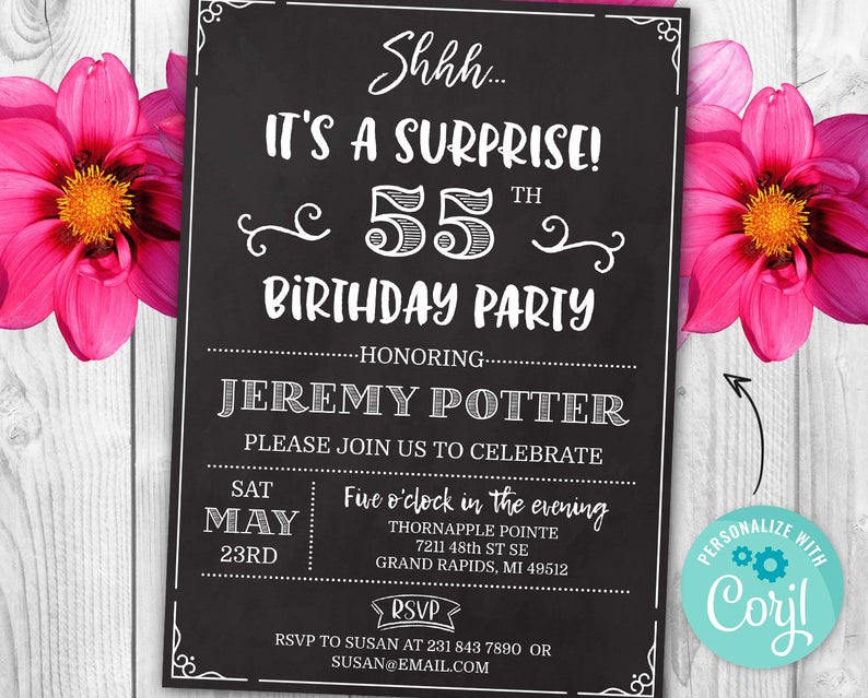 Surprise 55th Birthday Invitation FIFTY FIVE Invite Party Chalk Board Digital INSTANT Download 5×7 – Editable – adult mens womans