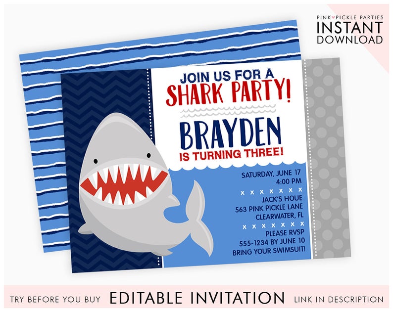 Shark Invitation, Shark Invite, Shark Party, Shark Birthday, Shark Birthday Invitation, Shark Party Invitations, Printable Invitation | 563