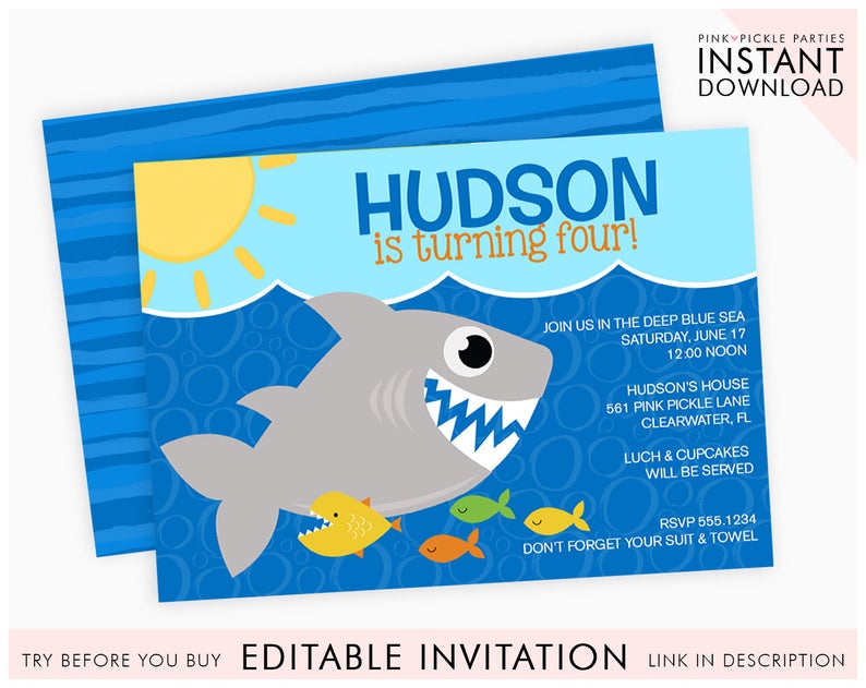 Shark Invitation, Shark Invite, Shark Party, Shark Birthday, Shark Birthday Invitation, Shark Party Invitations, Printable Invitation | 561