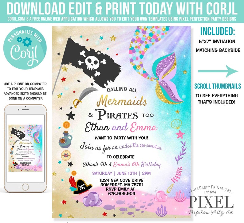 Mermaid And Pirate Birthday Invitation Sibling Mermaid & Pirate Invite Sibling Mermaid Pirate Party Instant Download Editable File 7O