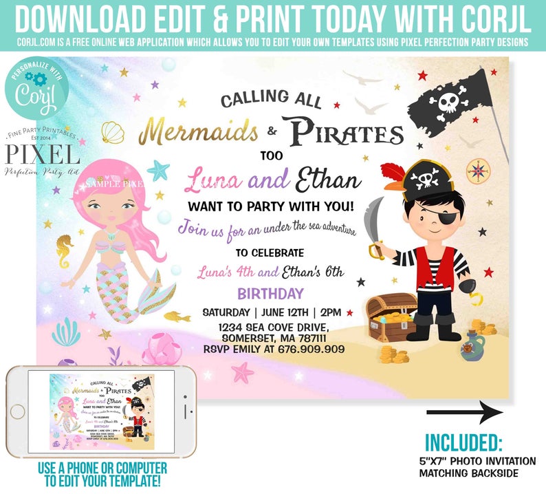 Mermaid And Pirate Birthday Invitation Sibling Mermaid & Pirate Invite Sibling Mermaid Pirate Party Instant Download Editable File 7O