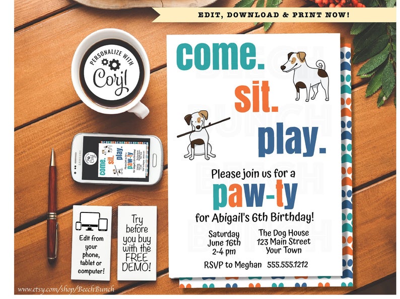 Dog Birthday Party Invitation, Come Sit Play (or Stay) #054