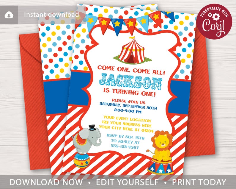 Circus Birthday Invitation | Editable Template Online | Instant Download