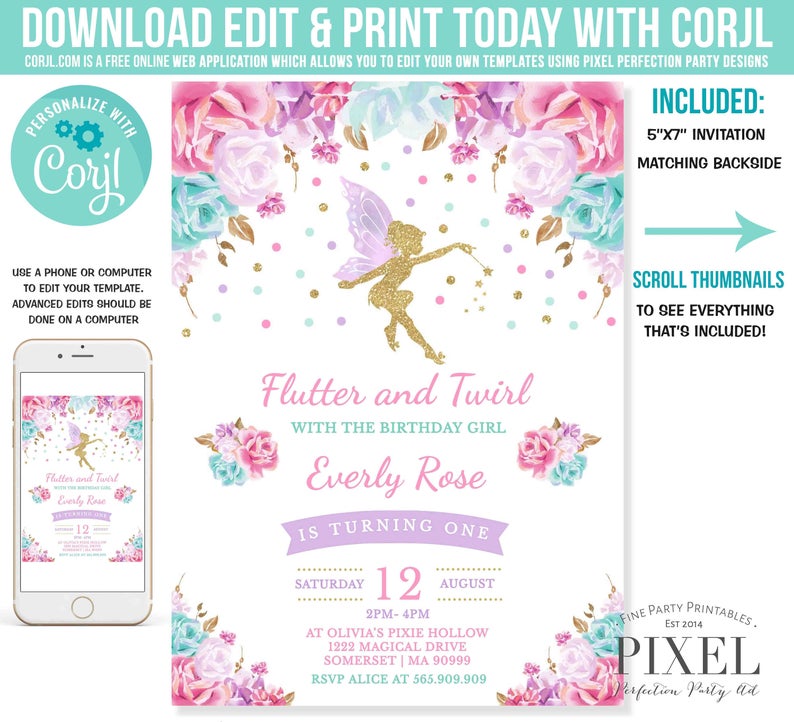 Fairy Invitation Fairy Birthday Invitation Whimsical Enchanted Pixie Party Magical Floral Fairy Party Instant Download Editable Corjl S9