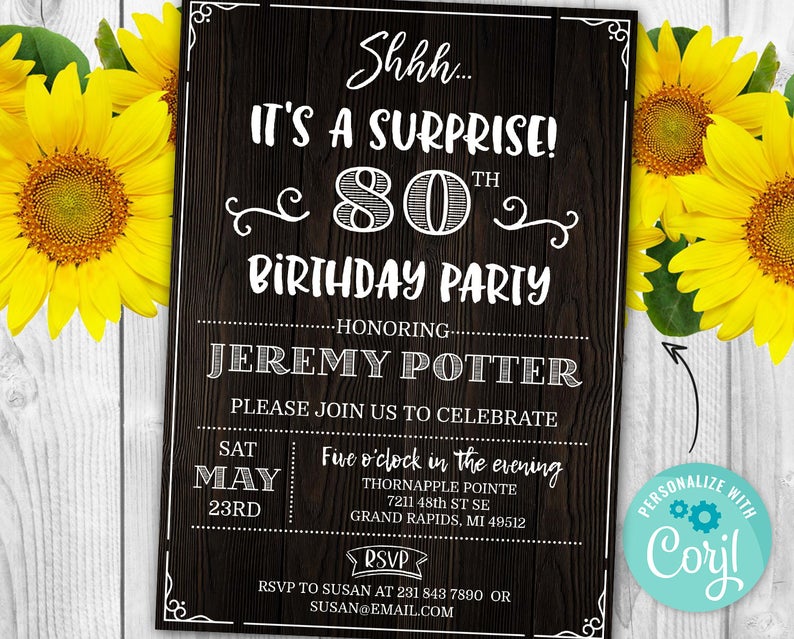 Surprise 80TH Birthday Invitation EIGHTY Invite Party Wood Rustic Digital INSTANT Download 5×7 – Editable – adult mens womans