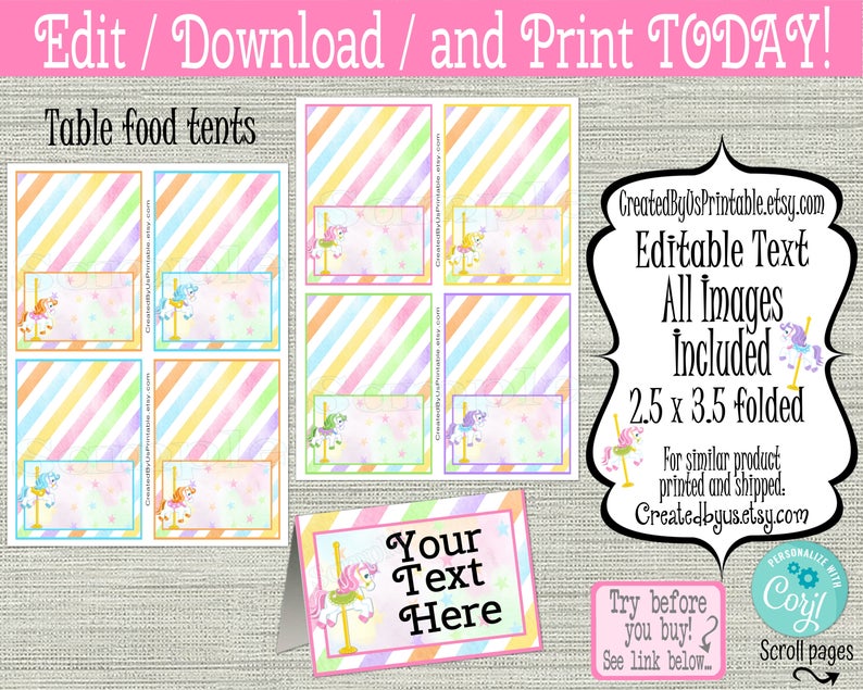 INSTANT DOWNLOAD Carousel food tent cards EDITABLE Carnival birthday Food Labels Carousel food place cards buffet Digital Download Diy Corjl
