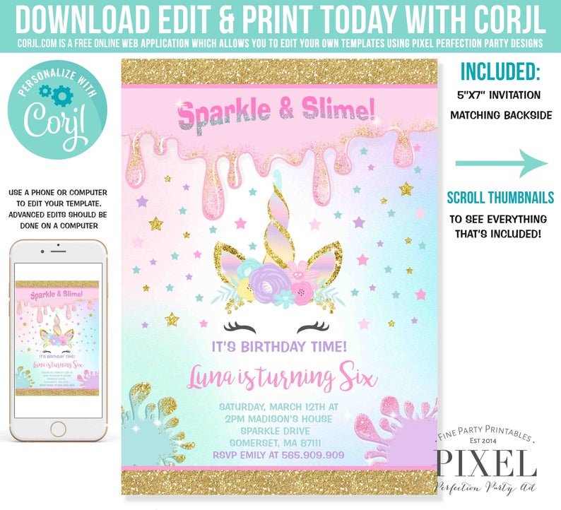 Unicorn Slime Birthday Invitation Magical Unicorn Sparkle & Slime Birthday Invitation Unicorn Slime Party Instant Editable File Corjl 5T