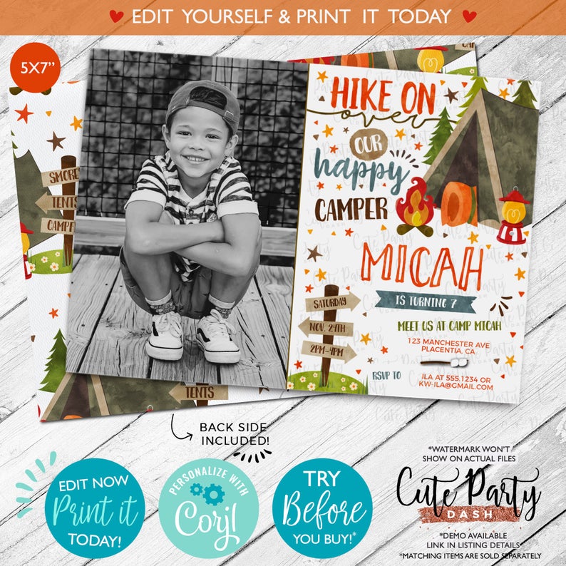 INSTANT DOWNLOAD – EDITABLE Camping Birthday Photo invitation Camp out printable Camping birthday corjl invitation Camping birthday download