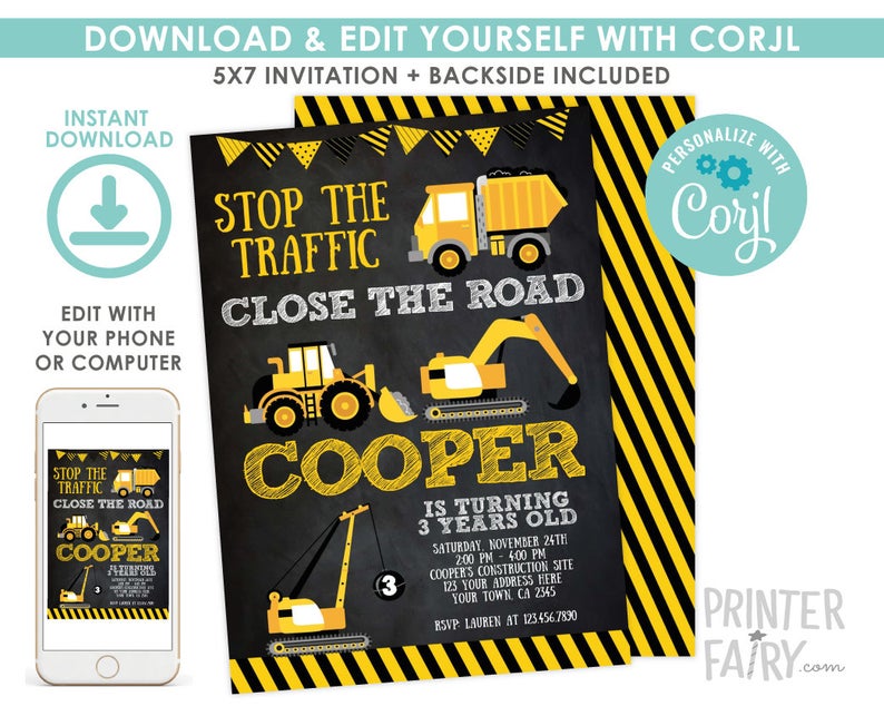 Construction Invitation, EDITABLE construction birthday invitation, Dump Truck Birthday Party, Crane, Black EDIT YOURSELF Digital Invitation