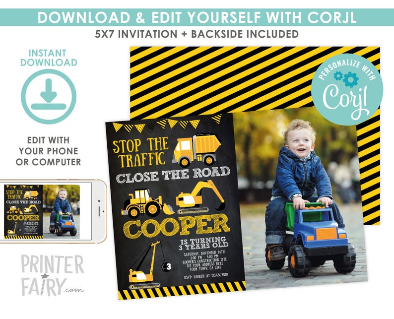Construction Invitation with Photo, EDITABLE construction birthday Invite, Dump Truck Birthday Party, EDIT YOURSELF Digital Invitation