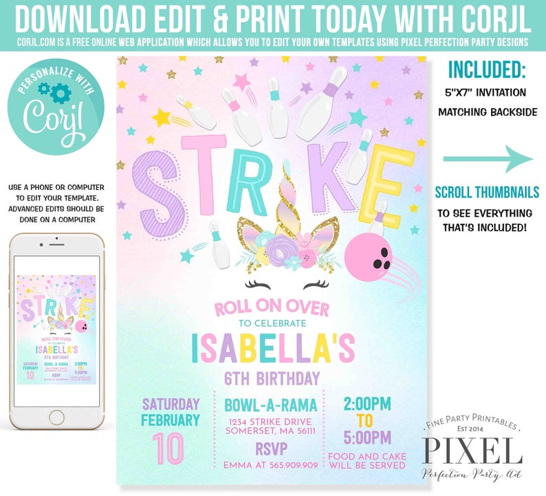 Unicorn Bowling Invitation Unicorn Bowling Birthday Invitation Strike Bowling Party Bowling Party Instant Editable File Corjl L9