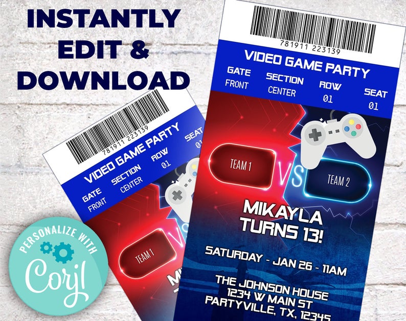 Video Game Party Invitation, Video Game Bus, Video Game Birthday, Gamer Birthday Invitation, Gaming Birthday Invite, Game Invite, Corjl