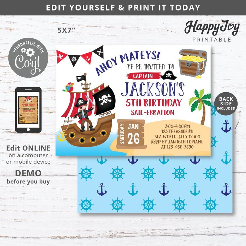 Ahoy Matey Pirate Party Invitation, Boys Captain Birthday Sail-ebration Invite, Editable Template INSTANT Access, Self Edit with Corjl