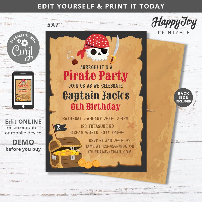 Pirate Party Boys Birthday Invitation, Ahoy Matey Captain Jack Invite, Editable Template INSTANT Access, Self Edit with Corjl