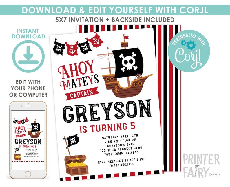 Pirate Invitation, EDITABLE pirate birthday invitation, Pirate Ship Birthday Party, Ahoy Matey, EDIT YOURSELF Digital Invitation