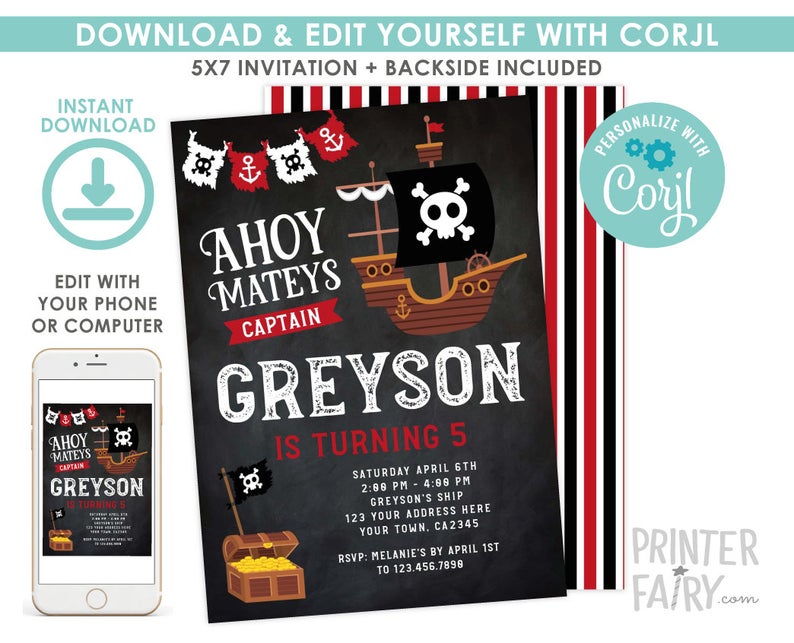 Pirate Invitation, EDITABLE pirate birthday invitation, Pirate Ship Birthday Party, Ahoy Matey, Black, EDIT YOURSELF Digital Invitation