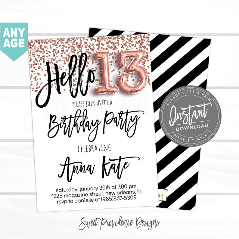 13th birthday Invitation, Editable 13th Virtual Birthday Invitation, Hello 13, Rose Gold Glitter, Surprise, Printable Invite, Instant Access