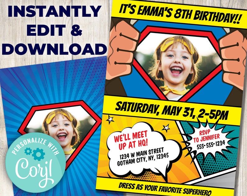 Superhero Birthday Invitation With Photo, Super Hero Invitation, Superheroes birthday, comic book birthday, Corjl, Instant Download